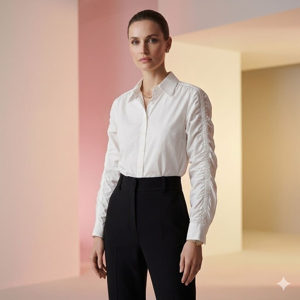 ANNE FONTAINE White‎ Ruched Sleeve Button Down Shirt Size 44 10